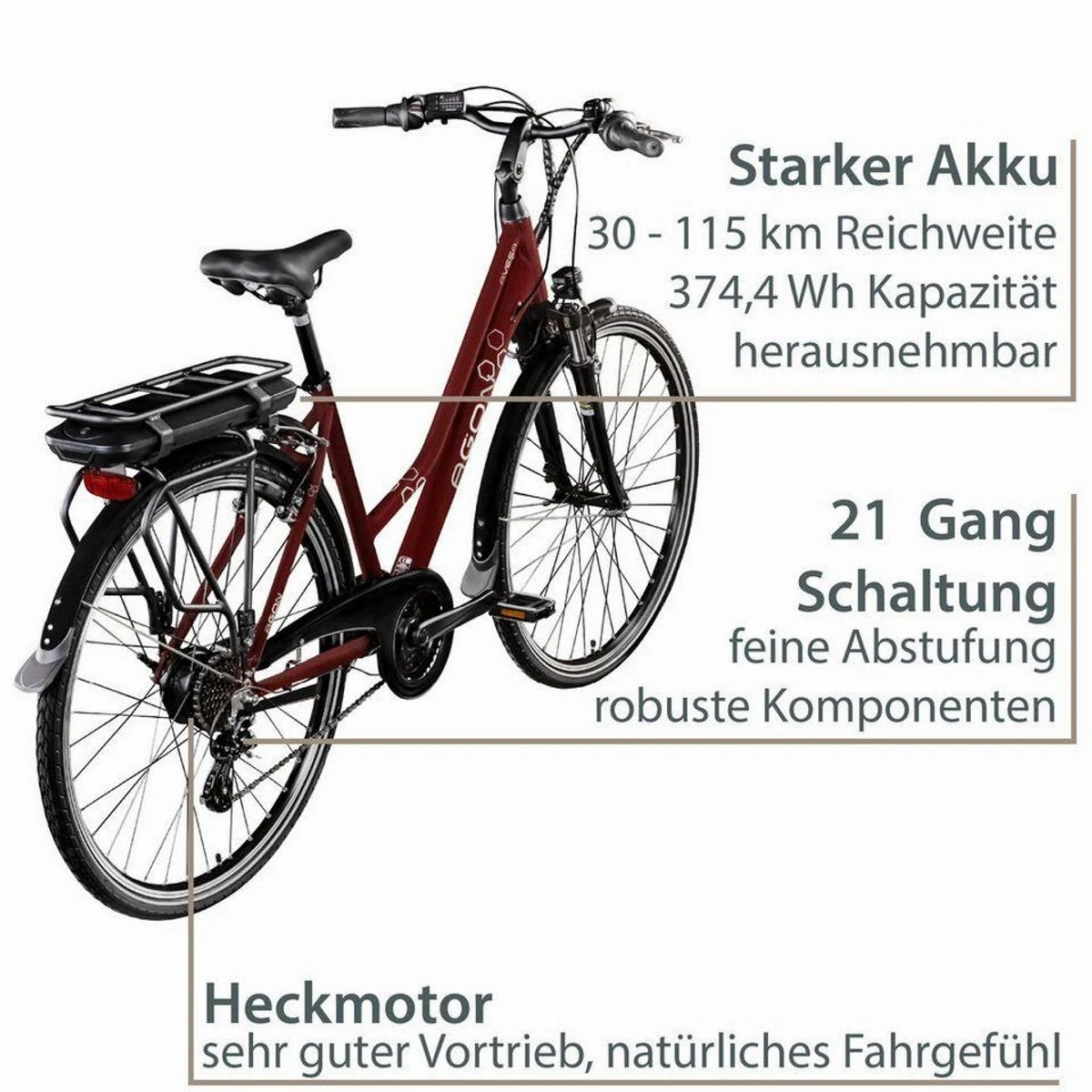 Agon Avesa E-Bike Trekkingrad, 21-Gang Kettenschaltung, 250W Heckmotor, 374 Wh 2