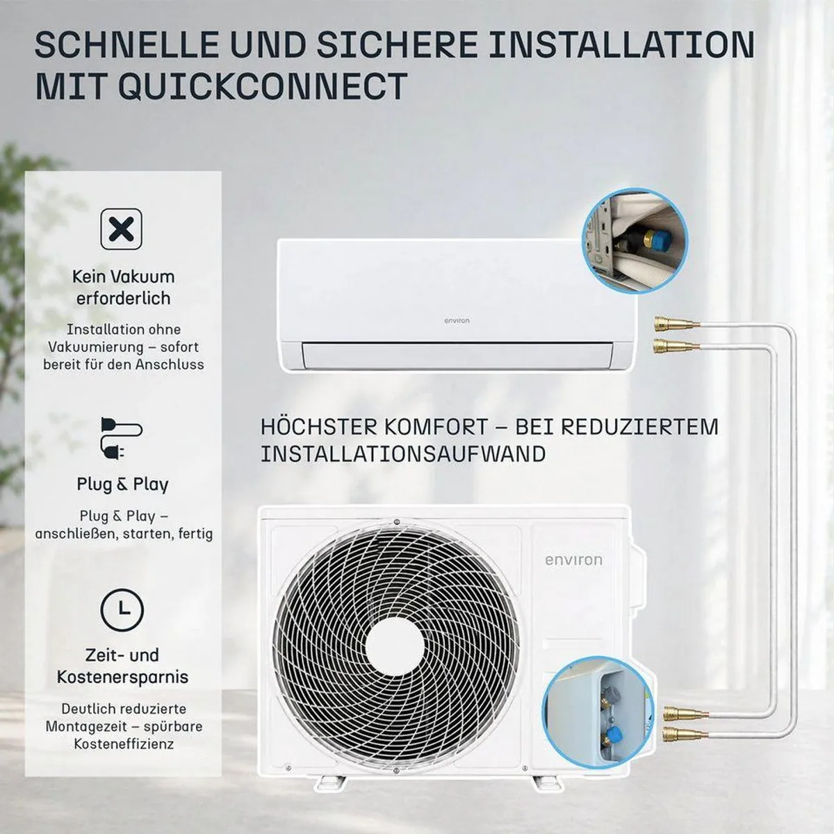 Environ ClimaBoost Split-Klimagerät, Quick Connect, PV-Betrieb — 12.000 BTU, ArcticShield, SilentCore 2