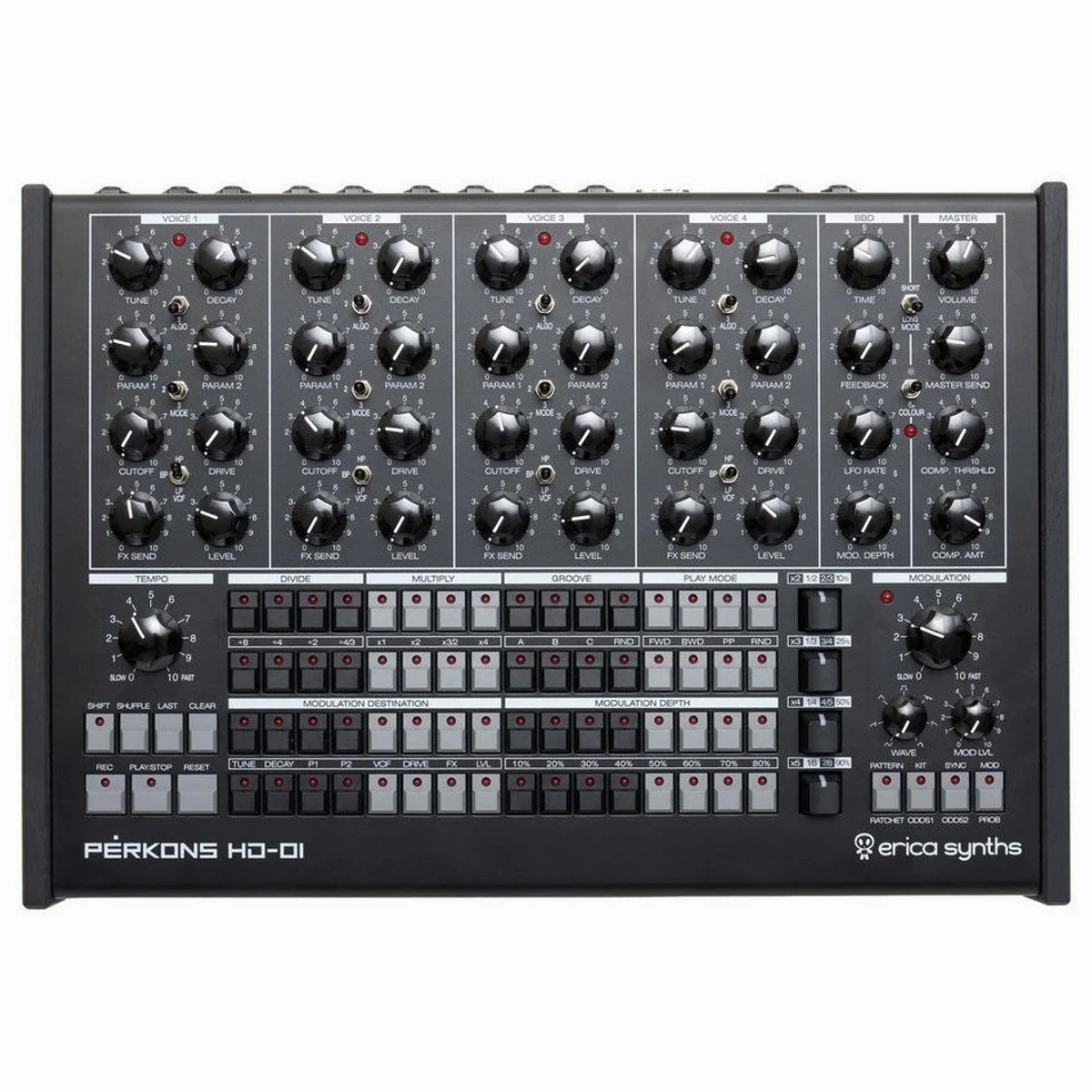 Erica Synths Pérkons HD-01 Drumcomputer, hybride Klangerzeugung, 64 Drumkits