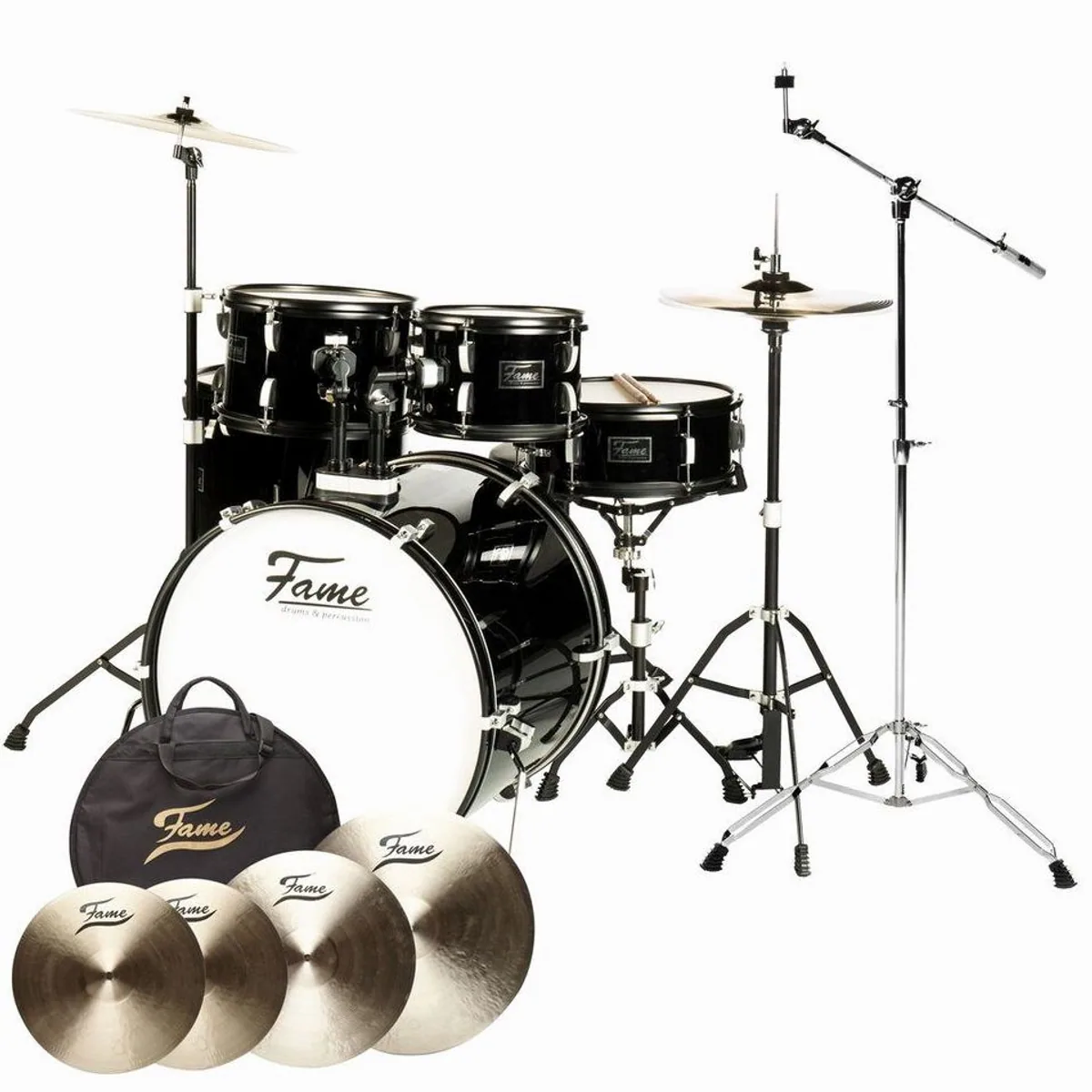 FAME B20 Drum Set, 22" Bass Drum, Piano Black Finish — inkl. Becken & Zubehör