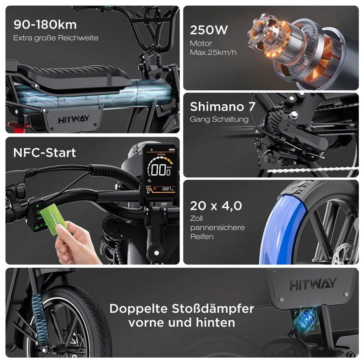 HITWAY E-Bike EMTB, 180 km Reichweite, 7-Gang Shimano, robuste 20 Zoll Reifen 2
