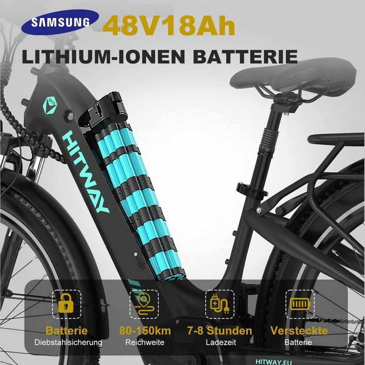 HITWAY E-Bike Pedelec 26 Zoll, abnehmbarer Samsung Akku, 7-Gang Shimano Schaltung 2