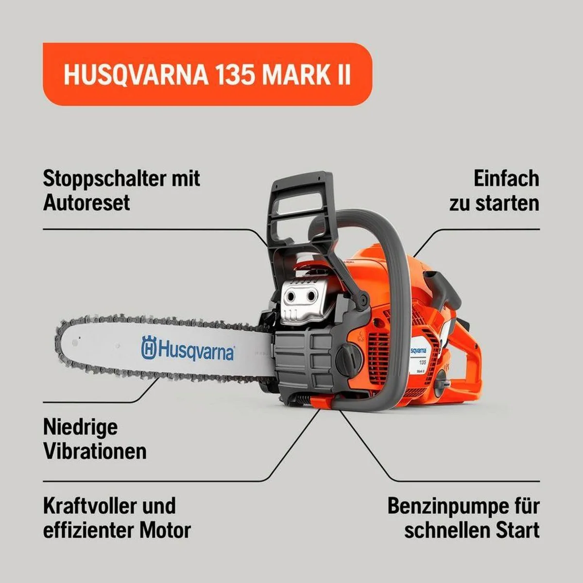 Husqvarna 135 Mark II Benzin-Kettensäge, leistungsstarker X-Torq Motor, 35 cm Schwertlänge, LowVib Technologie 2
