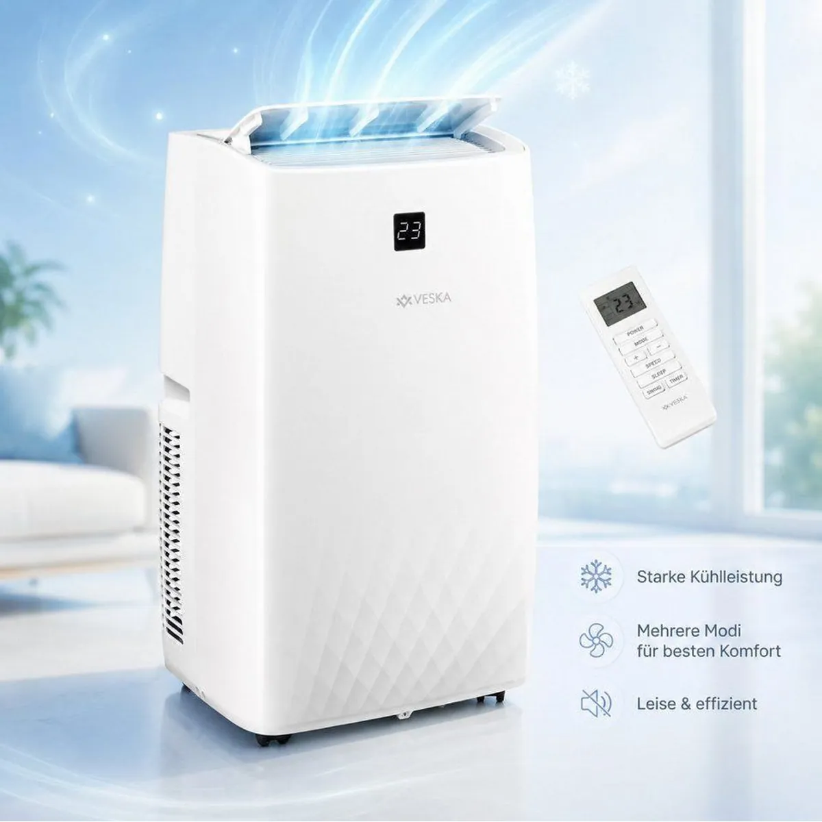 VESKA FDP35-3033ZPWR5 Mobile Klimaanlage, 4-in-1-Funktionalität, hohe Kühlleistung — 12000 BTU, Fernbedienung, Timer, Digitaldisplay