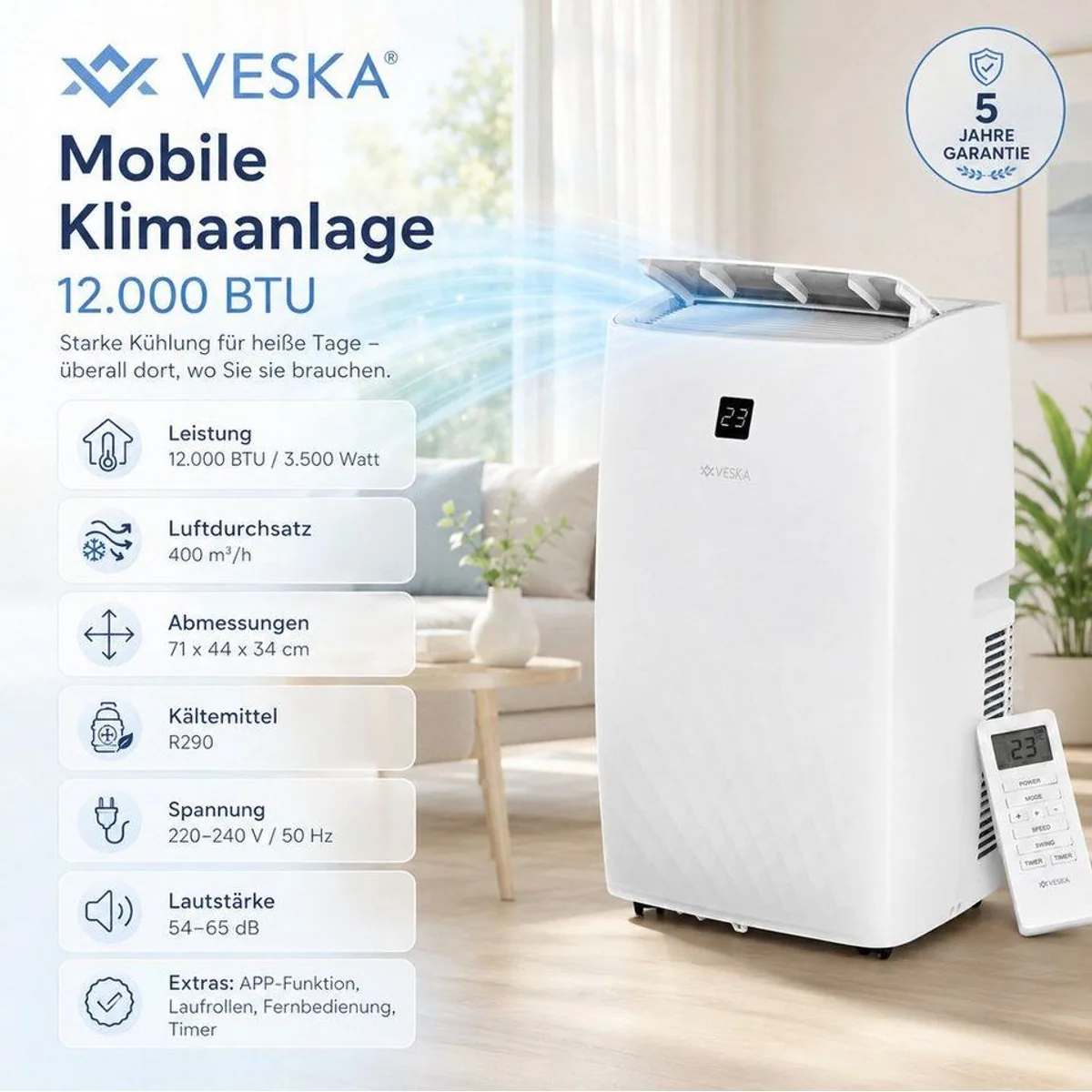 VESKA FDP35-3033ZPWR5 Mobile Klimaanlage, 4-in-1-Funktionalität, hohe Kühlleistung — 12000 BTU, Fernbedienung, Timer, Digitaldisplay 2