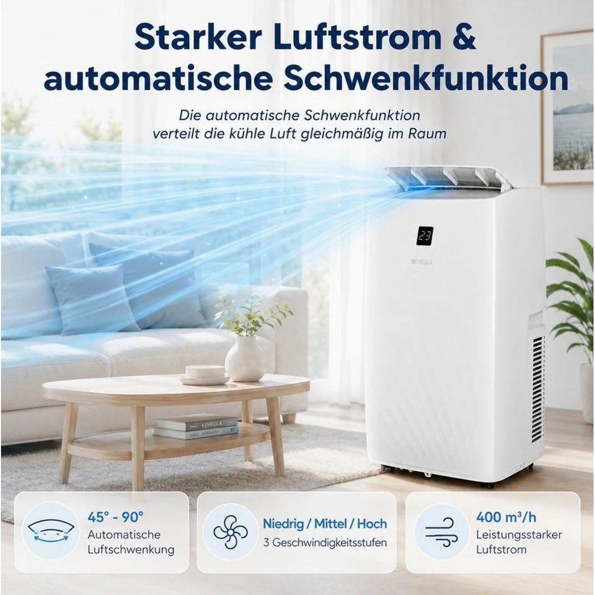 VESKA FDP35-3033ZPWR5 Mobile Klimaanlage, 4-in-1-Funktionalität, hohe Kühlleistung — 12000 BTU, Fernbedienung, Timer, Digitaldisplay 3