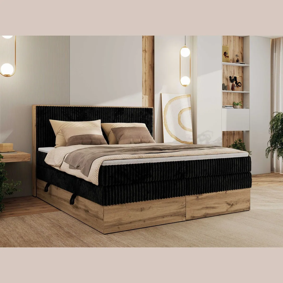 MKS MÖBEL Boxspringbett WOOD CLASSIC KING, elegantes Design, optimaler Schlafkomfort, großzügiger Stauraum