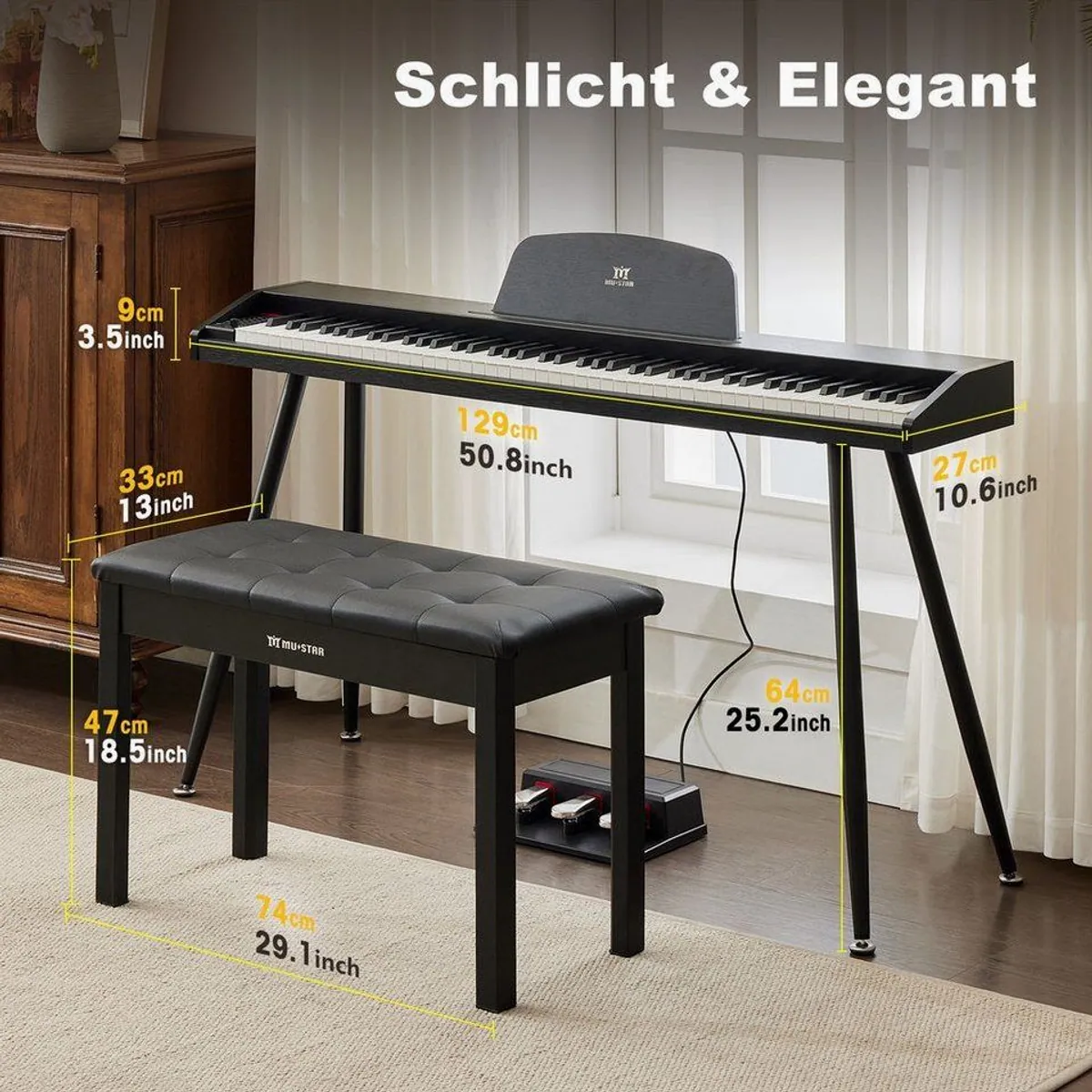 MUSTAR Digitalpiano 88 Tasten, anschlagdynamisch, inkl. Klavierbank & 3 Pedale — kompakt, vielseitig, mobil 2