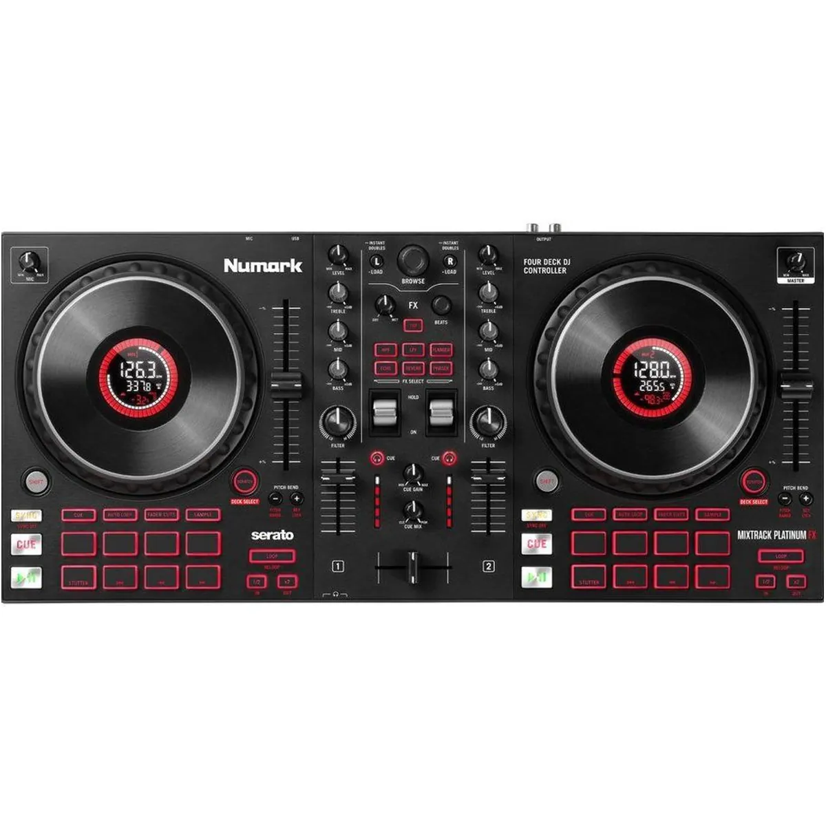 Numark Mixtrack Platinum FX DJ-Controller, 24-Bit Audioqualität, integrierte Displays in Jogwheels