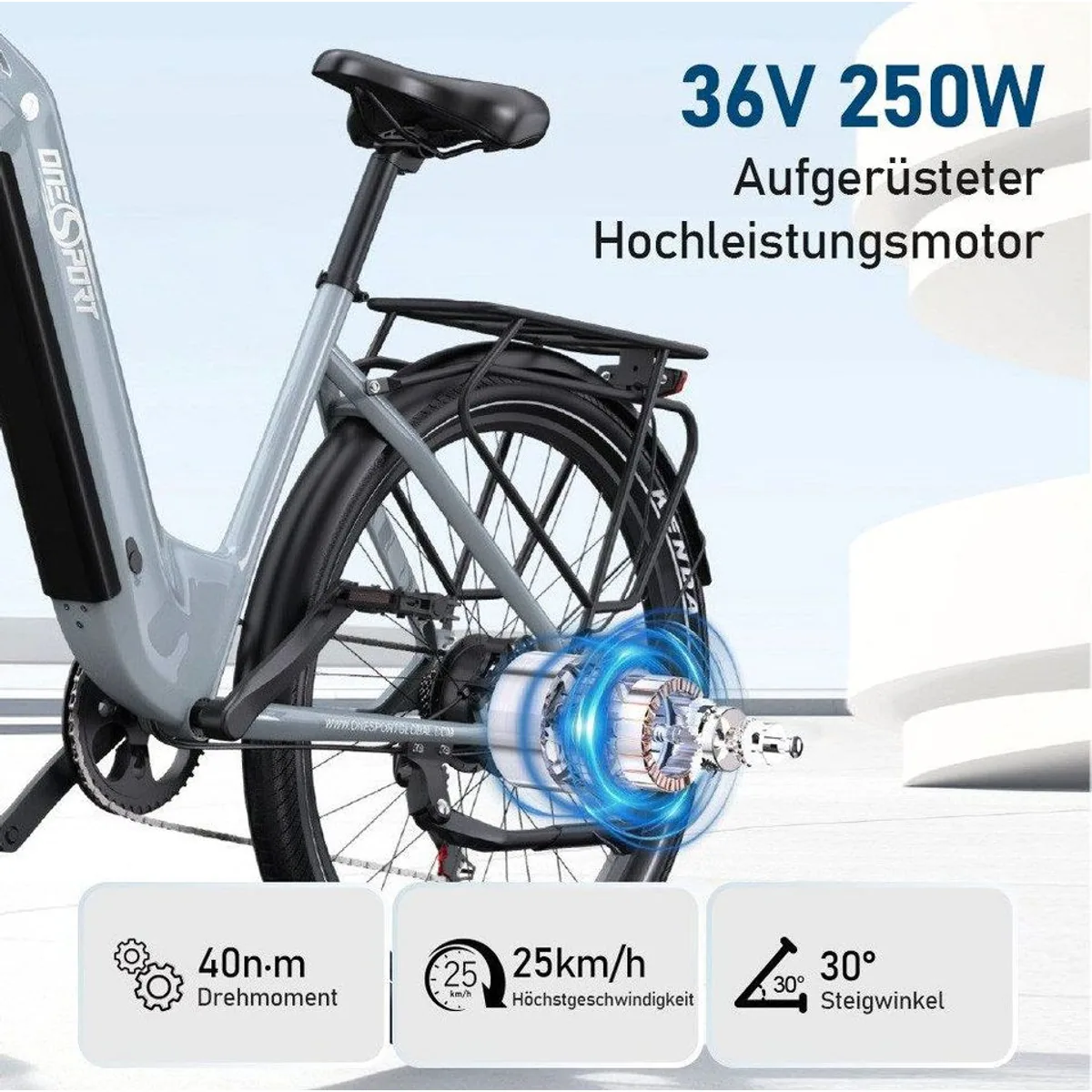 Onesport E-Bike Cityrad, 36 V 18,2 Ah, 120 km Reichweite — 7-Gang Shimano, Heckmotor, LED-Beleuchtung 3
