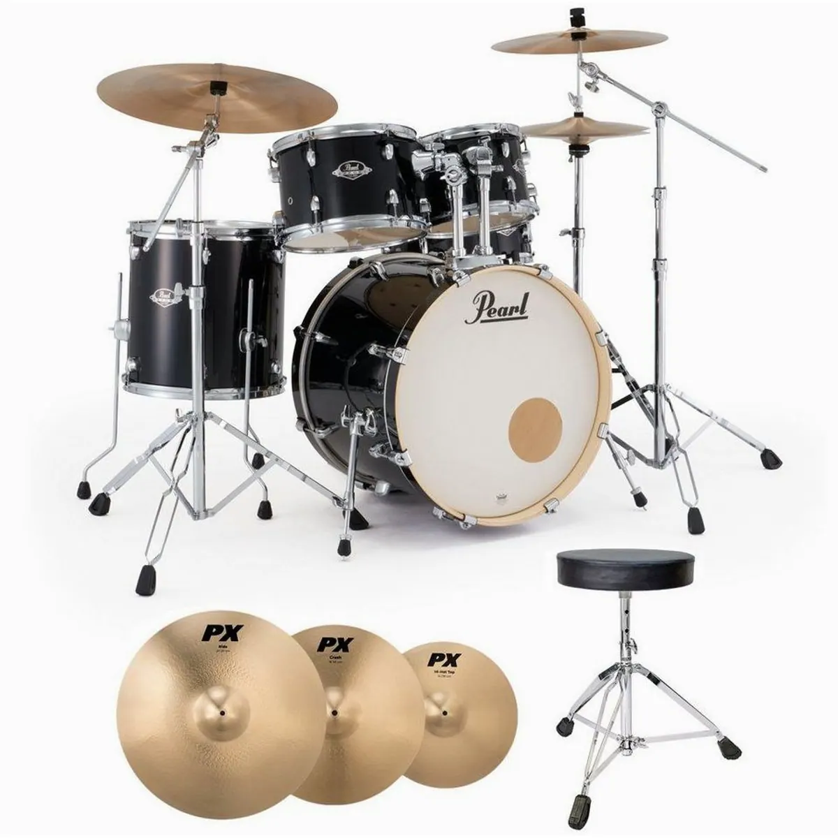 Pearl Export EXX705NBR-C31 Schlagzeugset, edles Jet Black Finish, inklusive Hocker und Becken