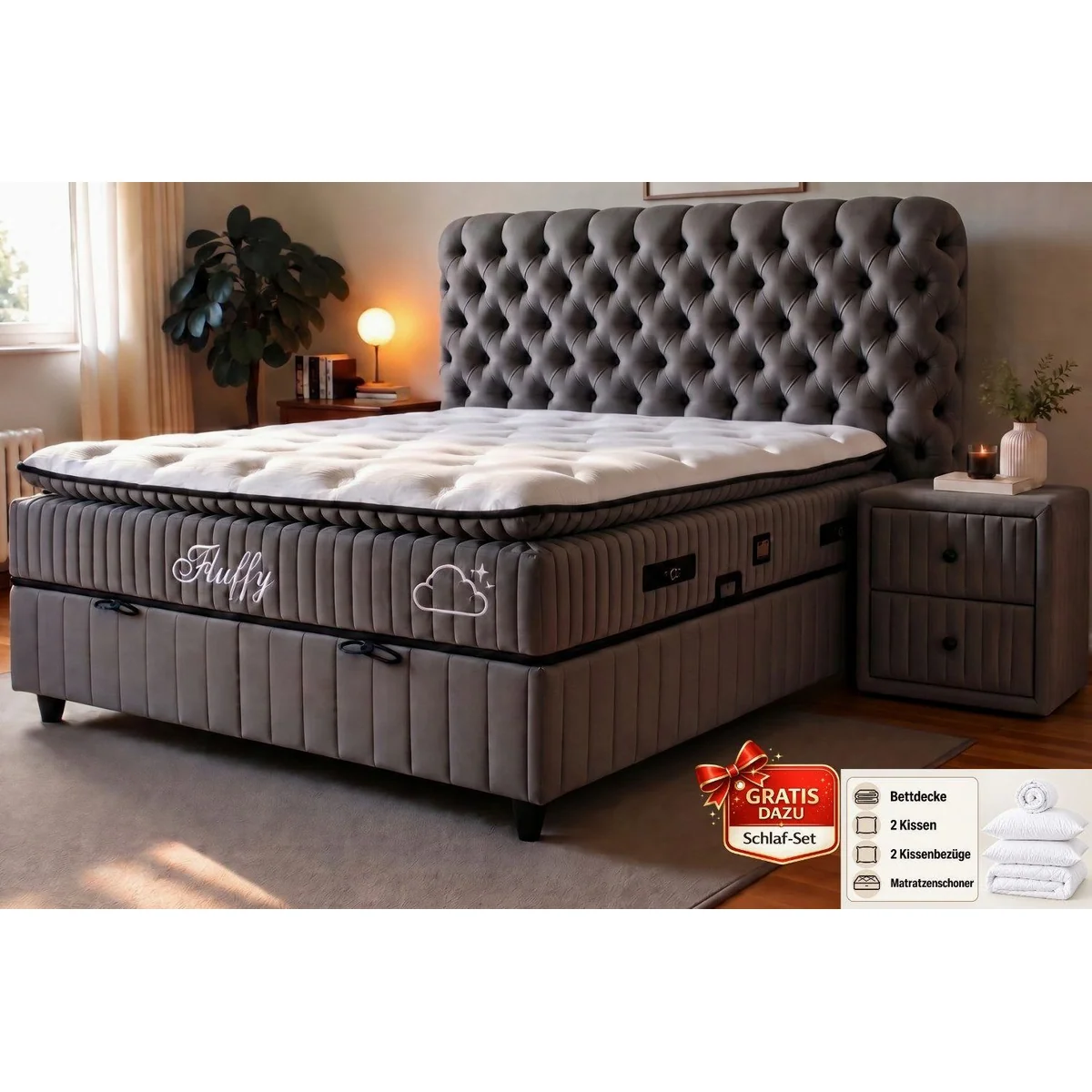 Pointhome Fluffy Boxspringbett Set, elegantes Design, ergonomische Matratze — Grau & Beige, komfortabler Stauraum
