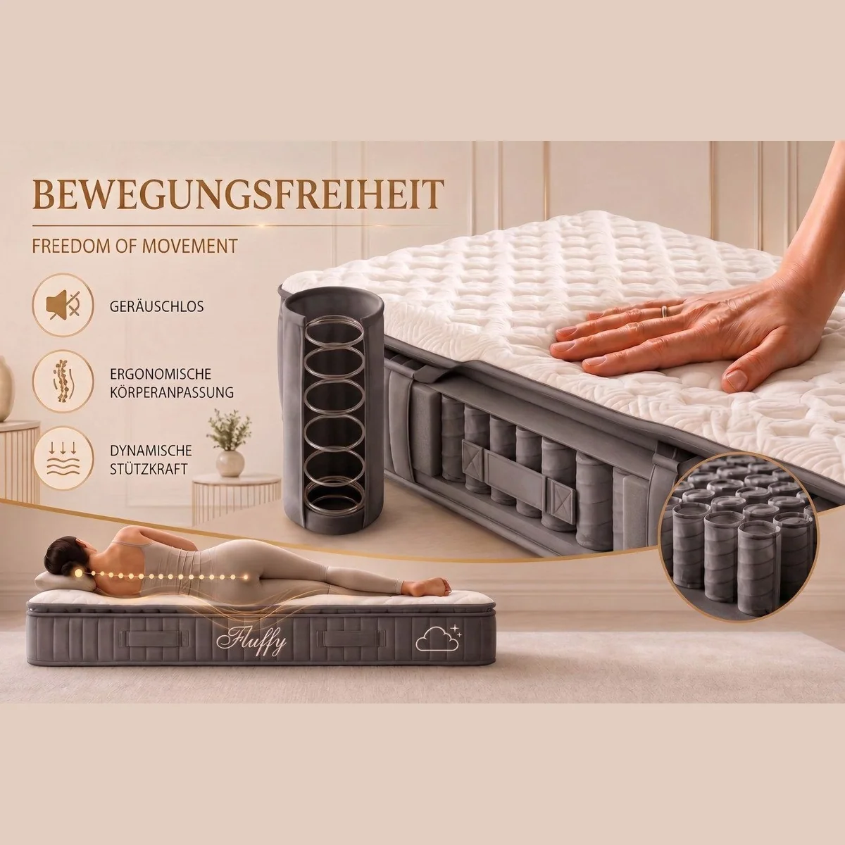 Pointhome Fluffy Boxspringbett Set, elegantes Design, ergonomische Matratze — Grau & Beige, komfortabler Stauraum 4