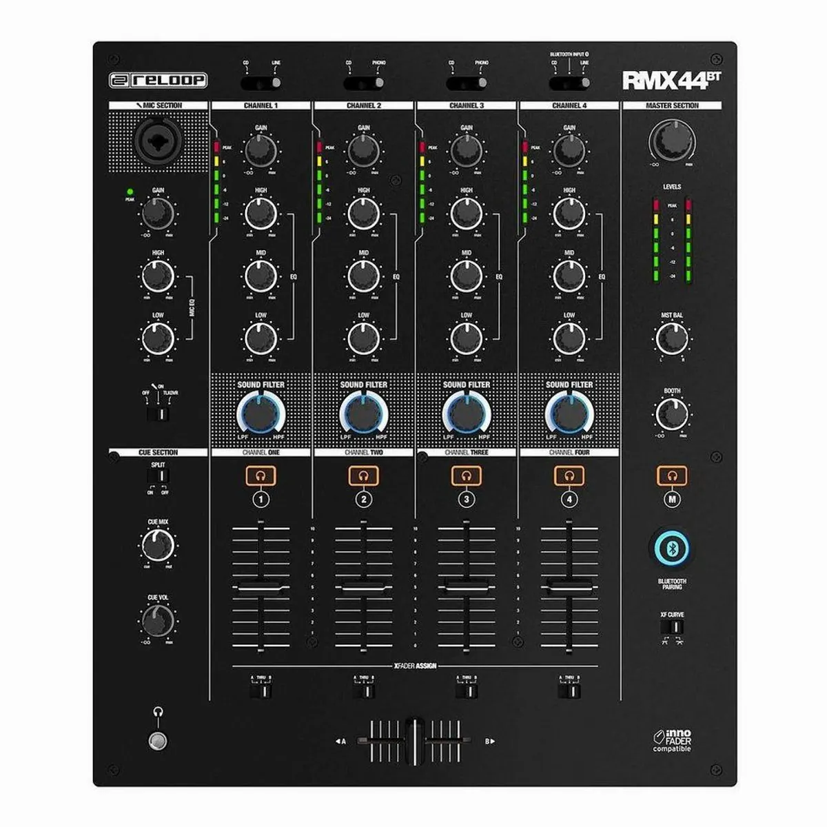 Reloop RMX-44 BT DJ Controller, 4-Kanal Mixer, Bluetooth-Konnektivität, professionelle Anschlüsse