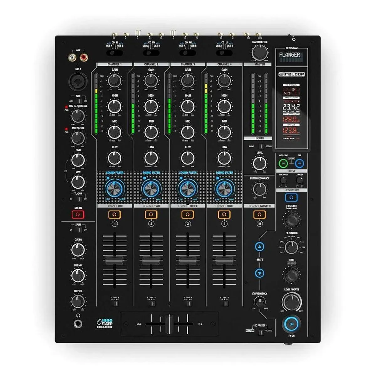 Reloop RMX-95 DJ Controller, 4-Kanal-Layout, duale Soundkarte, robuste Bauweise