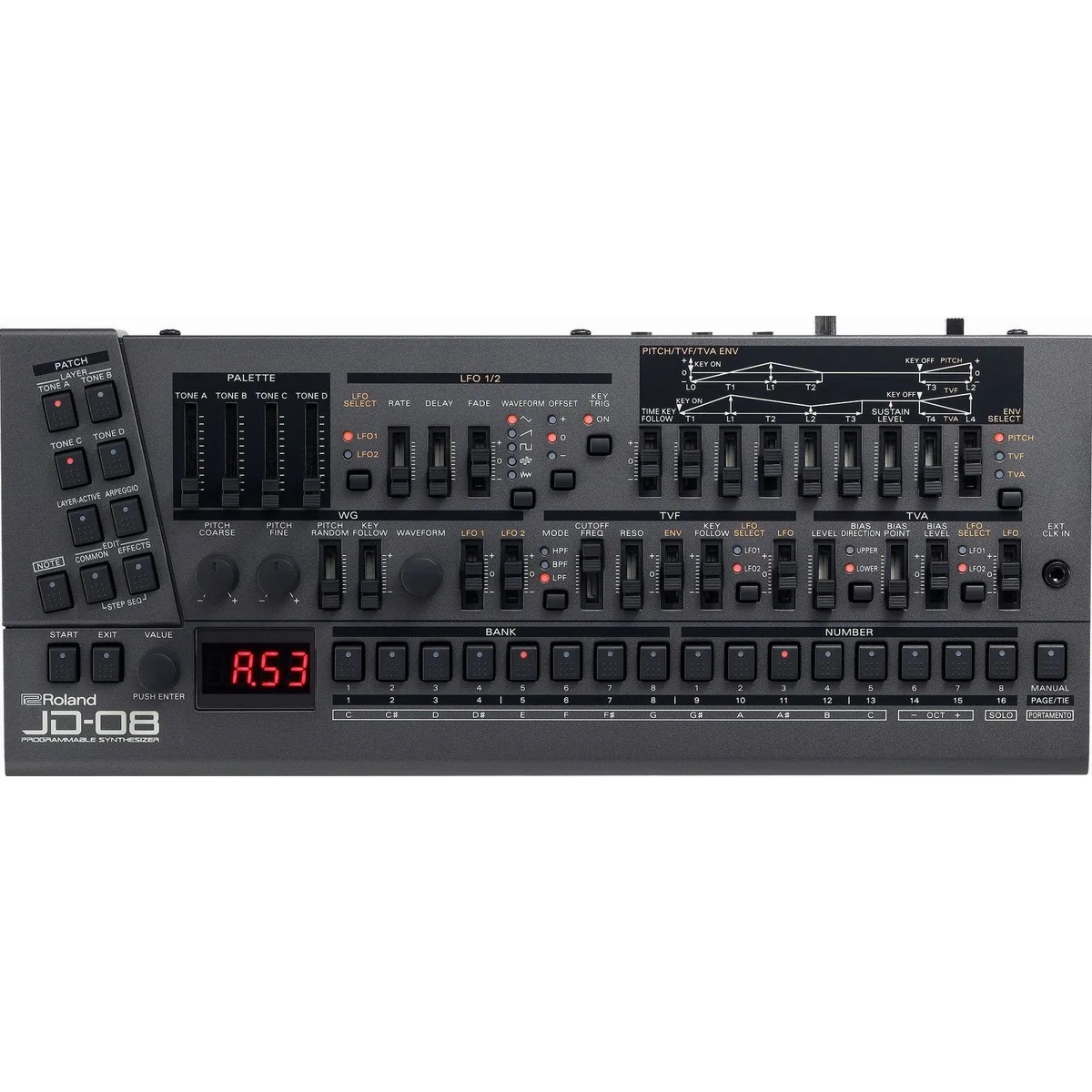 Roland JD-08 Synthesizer, authentischer Sound, erweiterte Polyphonie, integrierter Sequencer