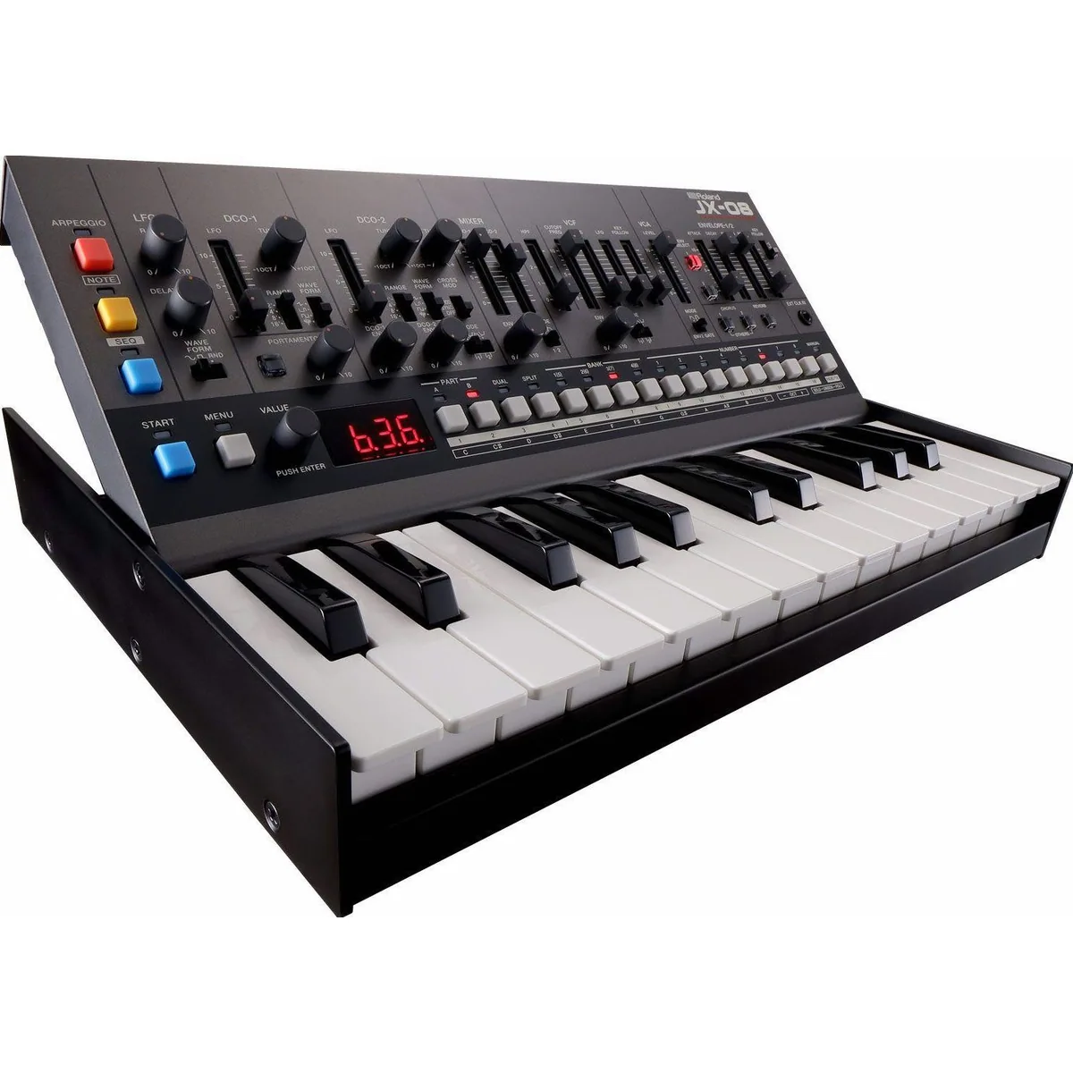 Roland JX-08 Synthesizer, authentischer Sound, integrierte Effekte, kompakte Bauweise