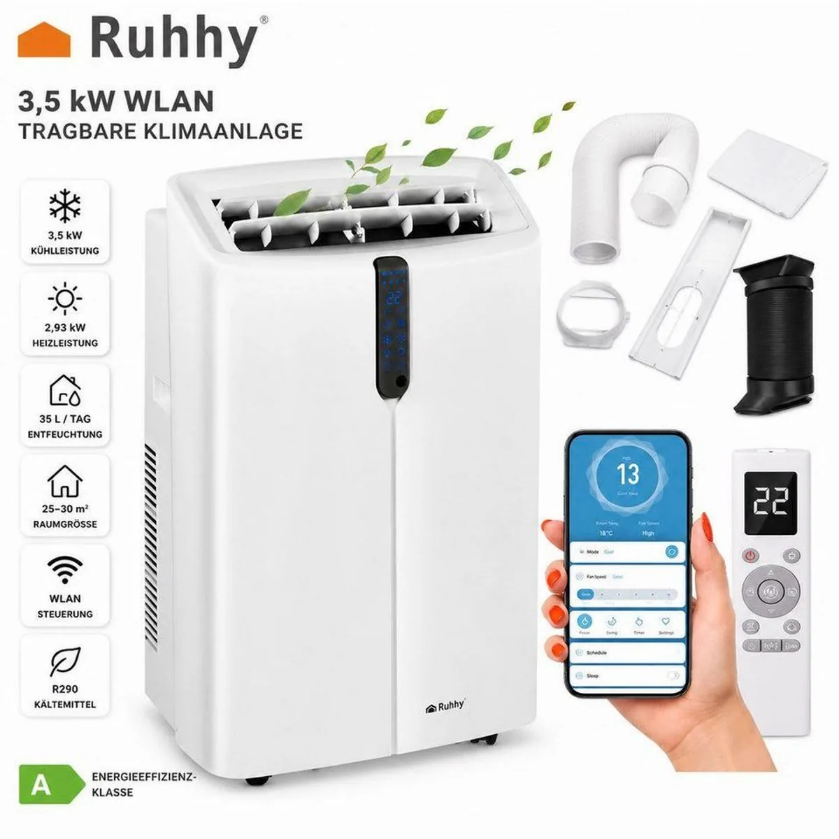 Ruhhy 4-in-1 Klimagerät, WLAN-fähig, leise 46 dB, 12000 BTU