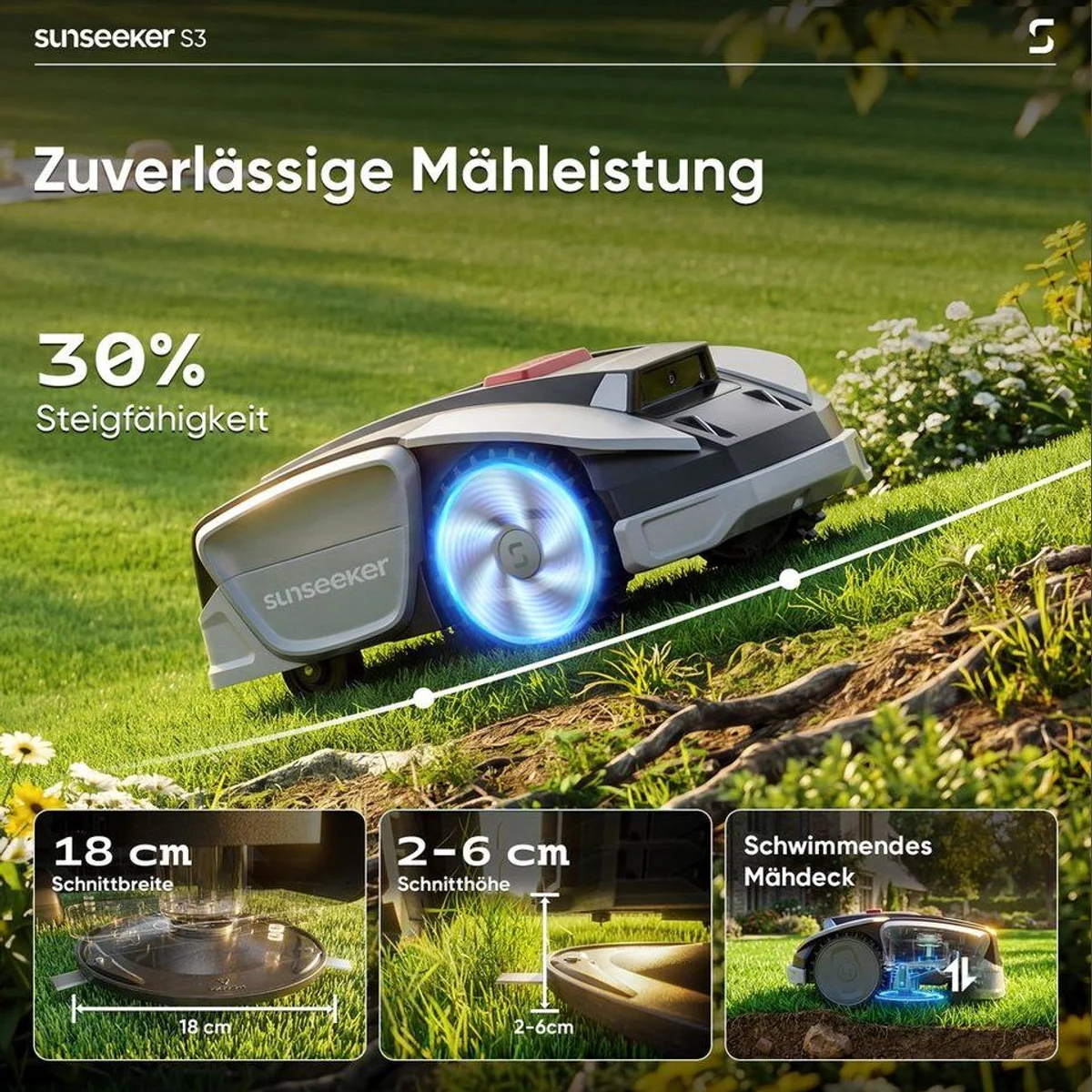 Sunseeker S3 Rasenmähroboter, präzise Navigation, App-Steuerung, leiser Betrieb 2