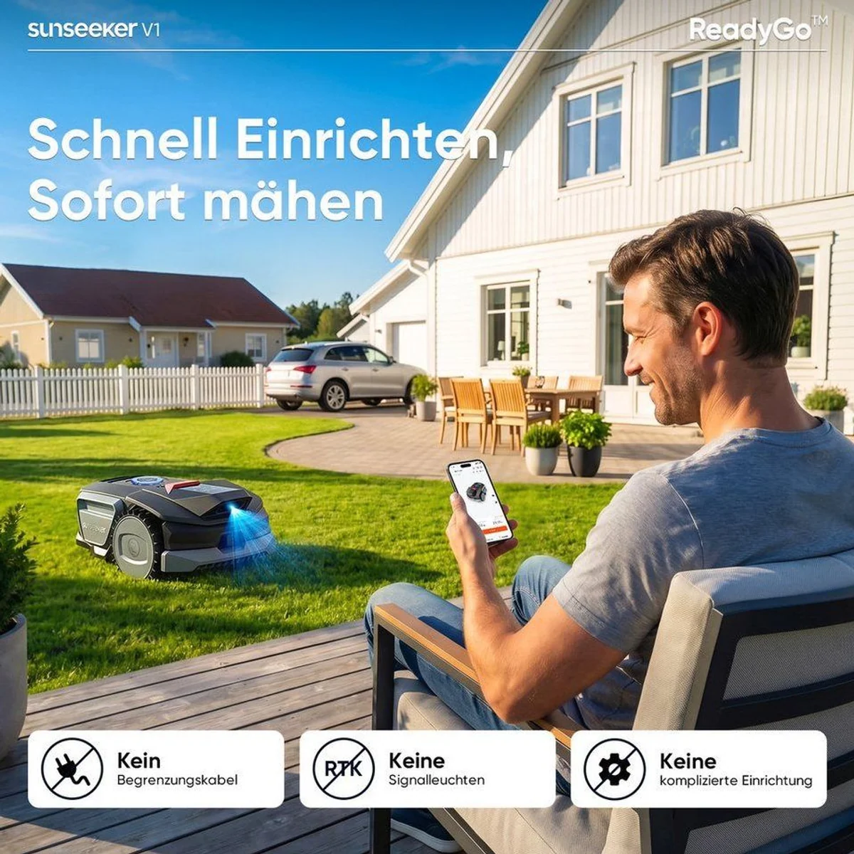 Sunseeker V1 Rasenmähroboter, einfache Bedienung, Vision AI, leise 55 dB 2