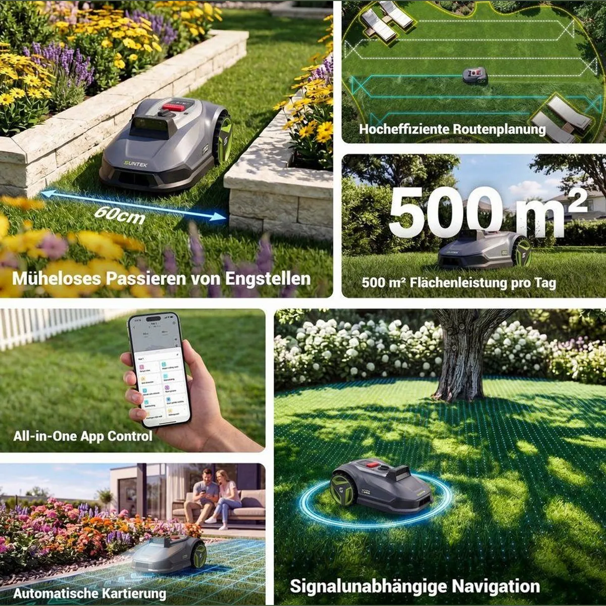 Suntek Mähroboter mit Triple-Kamera-System, kabellos, für Flächen bis 500 m² — App-Steuerung, Multizonen-Management, aktiver Tierschutz 2