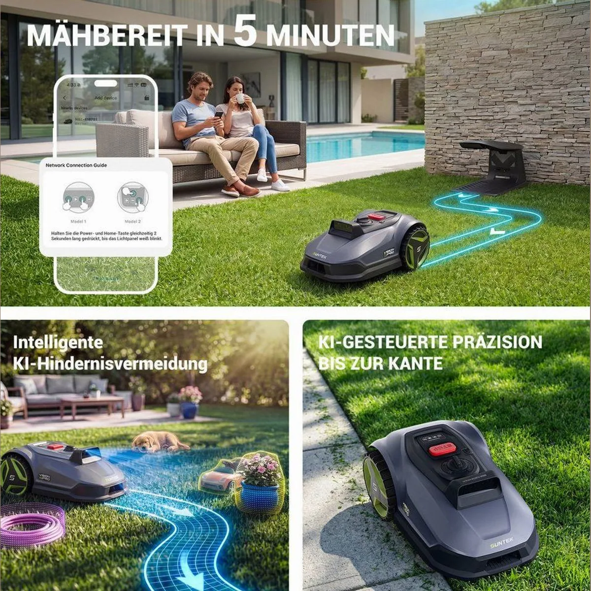 Suntek Mähroboter mit Triple-Kamera-System, kabellos, für Flächen bis 500 m² — App-Steuerung, Multizonen-Management, aktiver Tierschutz 3