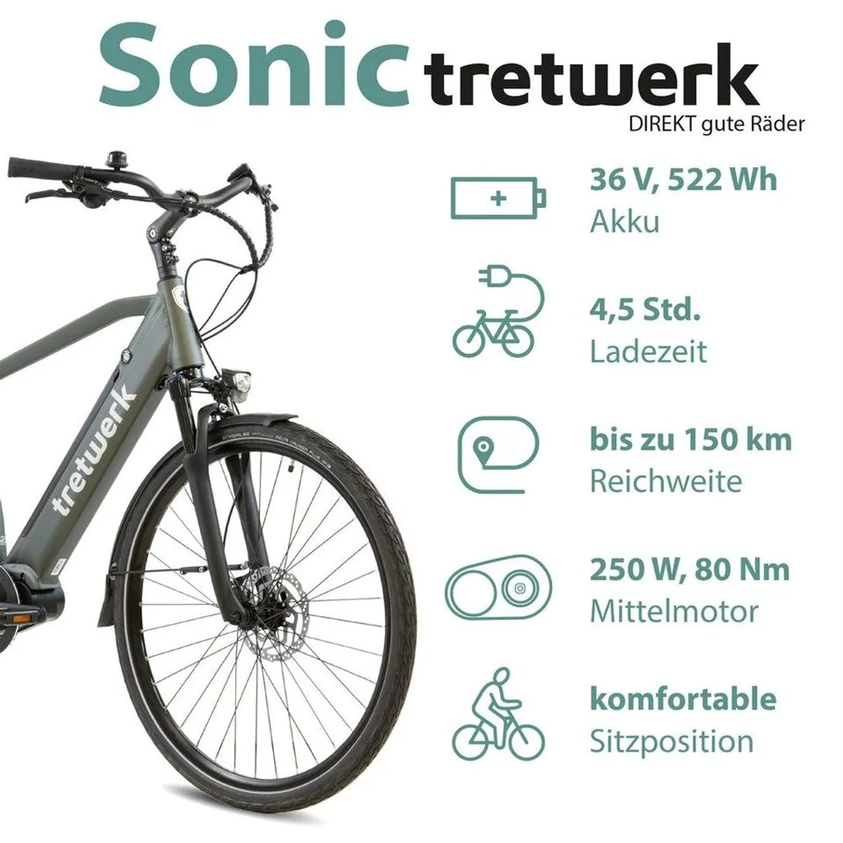 Tretwerk Sonic E-Bike Trekkingrad, 8-Gang Shimano Acera, 522 Wh Akku — Komfort, Leistung, Vielseitigkeit 3