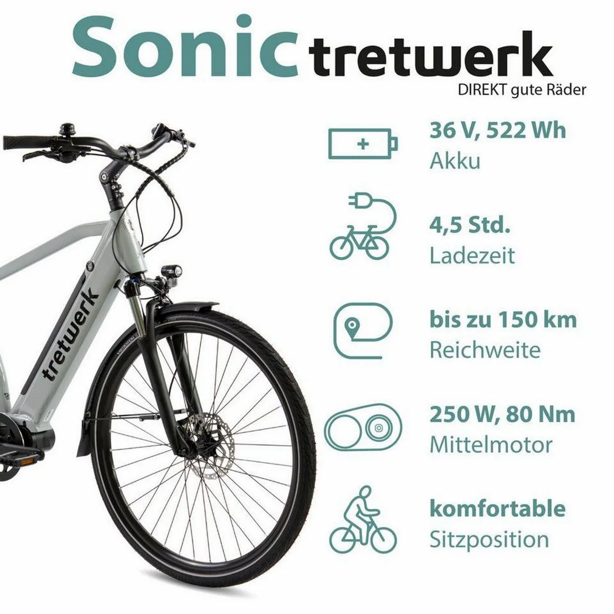 Tretwerk Sonic E-Bike Trekkingrad, 522 Wh Akku, 8 Gang Shimano Acera, Mittelmotor 3