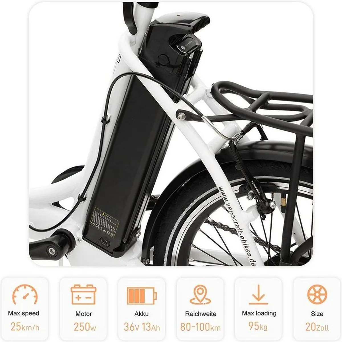 VECOCRAFT E-Pax 20 Zoll E-Bike, 7-Gang Shimano, herausnehmbarer Akku, leistungsstarker Heckmotor 3