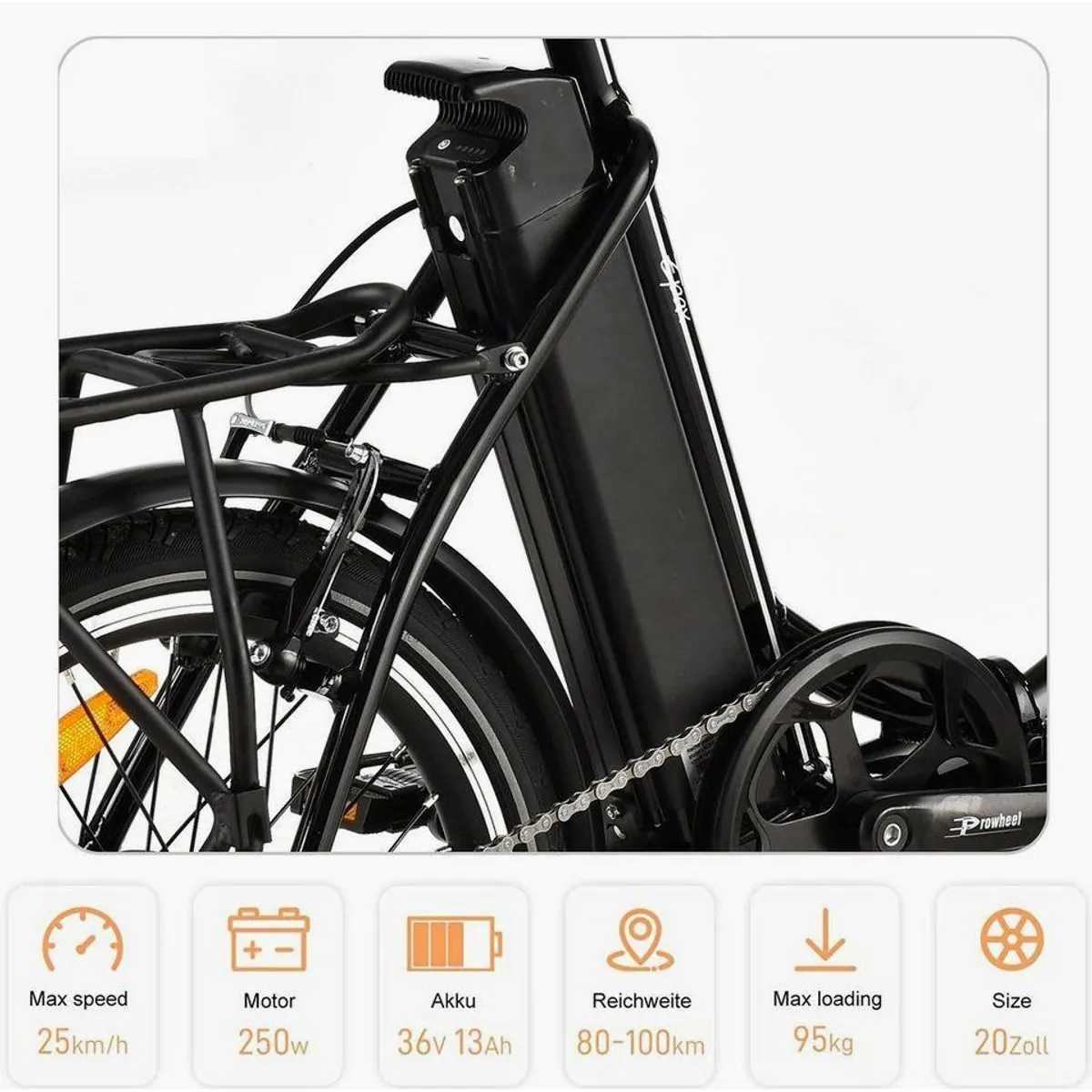 VECOCRAFT E-Pax E-Bike Klapprad, 20 Zoll, leistungsstarker Heckmotor, 7-Gang Shimano, herausnehmbarer Akku — max. 100 kg 3