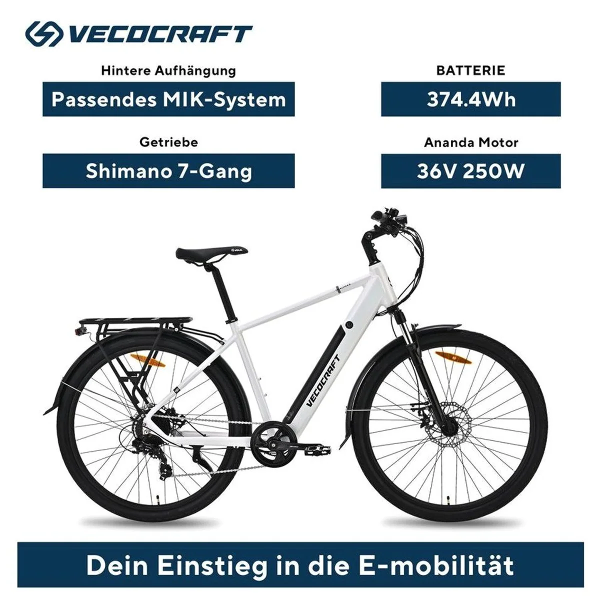 VECOCRAFT Thaumas E-Bike, 28 Zoll, 7-Gang Shimano, 375 Wh Akku — exzellenter Fahrkomfort, leistungsstarker Heckmotor, stilvolles Design 2
