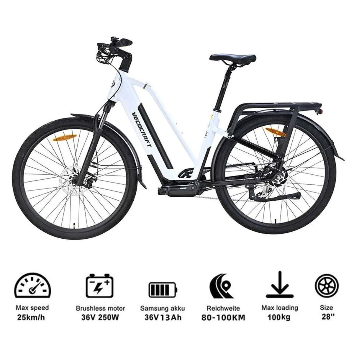 VECOCRAFT GAEA E-Bike Trekkingrad, 250W Heckmotor, 36V 13Ah Akku, 8-Gang Shimano 3