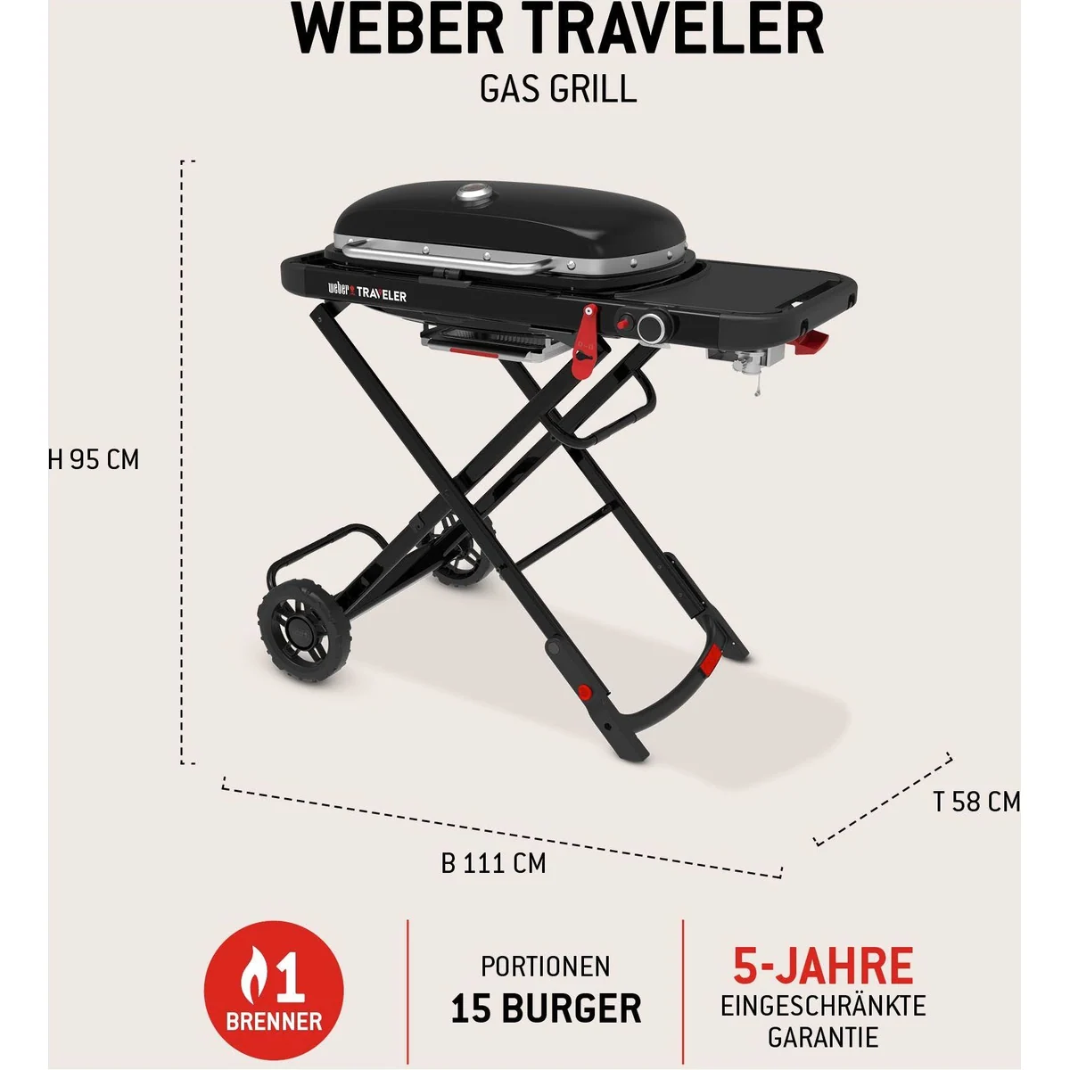Weber Traveler Camping-Gasgrill, kompakt, einhändige Bedienung, automatischer Deckelverschluss 5