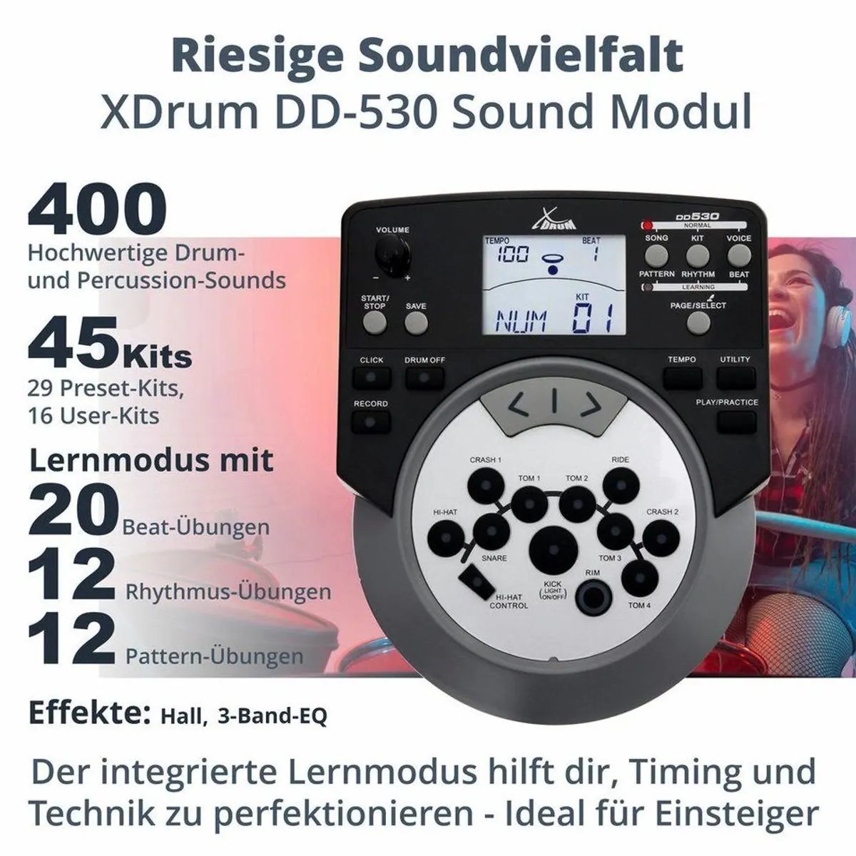 XDrum DD-530 E-Drum, 400 Sounds, 45 Drumkits, Mesh Heads — ideal für Übung und Bühne 2